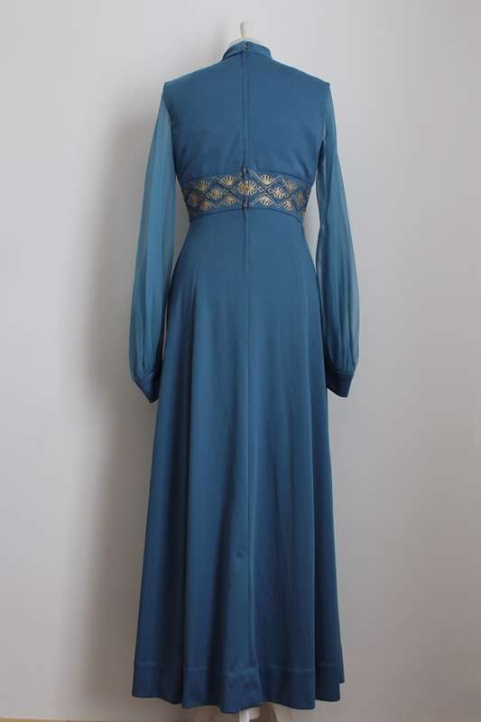 VINTAGE BLUE GOLD SHEER SLEEVES EVENING DRESS GOWN - SIZE 12
