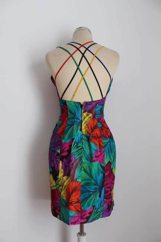 VINTAGE RAINBOW LEAF PRINT TWO PIECE DRESS JACKET SET - SIZE 6