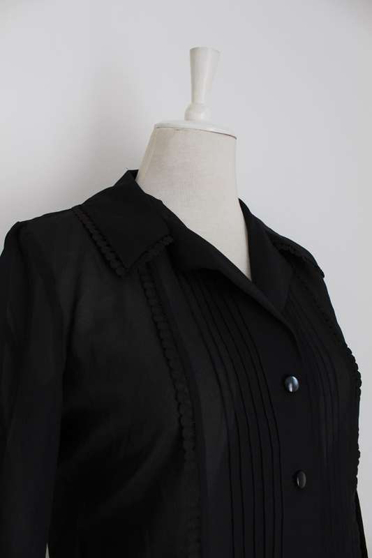 VINTAGE BLACK PLEATED BISHOP SLEEVE BLOUSE SHIRT TOP - SIZE 10