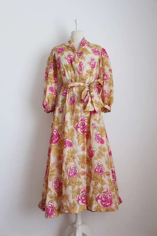 VINTAGE FLORAL PINK ORANGE TIE WAIST DRESSING GOWN ROBE - SIZE M