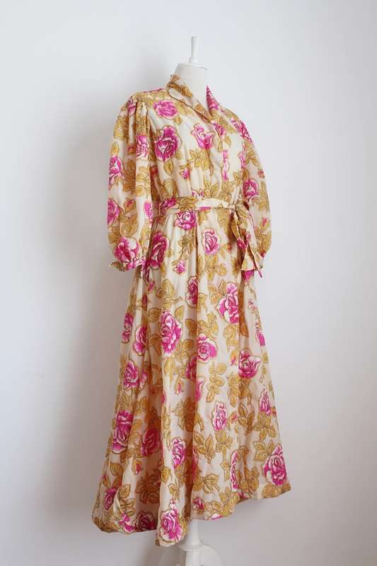 VINTAGE FLORAL PINK ORANGE TIE WAIST DRESSING GOWN ROBE - SIZE M