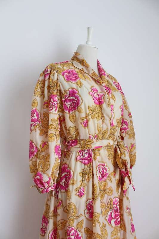 VINTAGE FLORAL PINK ORANGE TIE WAIST DRESSING GOWN ROBE - SIZE M