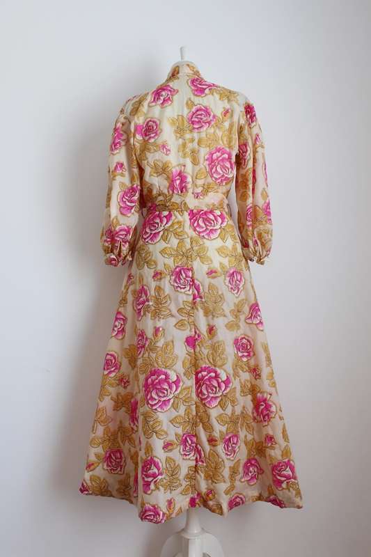 VINTAGE FLORAL PINK ORANGE TIE WAIST DRESSING GOWN ROBE - SIZE M