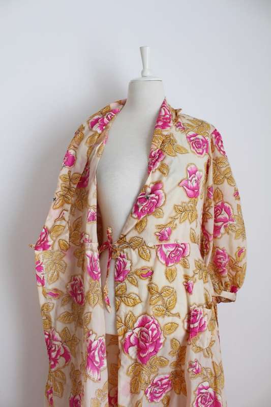 VINTAGE FLORAL PINK ORANGE TIE WAIST DRESSING GOWN ROBE - SIZE M