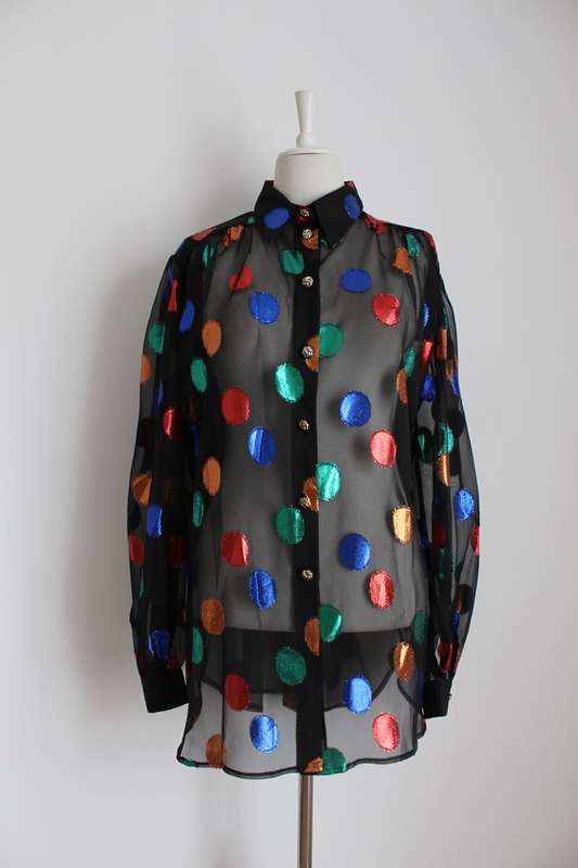 VINTAGE SHEER SPOTTED BLACK LONG SLEEVE SHIRT TOP BLOUSE - SIZE 18