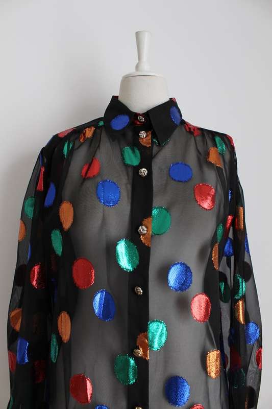 VINTAGE SHEER SPOTTED BLACK LONG SLEEVE SHIRT TOP BLOUSE - SIZE 18