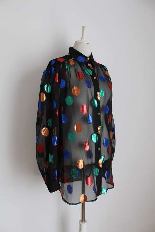 VINTAGE SHEER SPOTTED BLACK LONG SLEEVE SHIRT TOP BLOUSE - SIZE 18