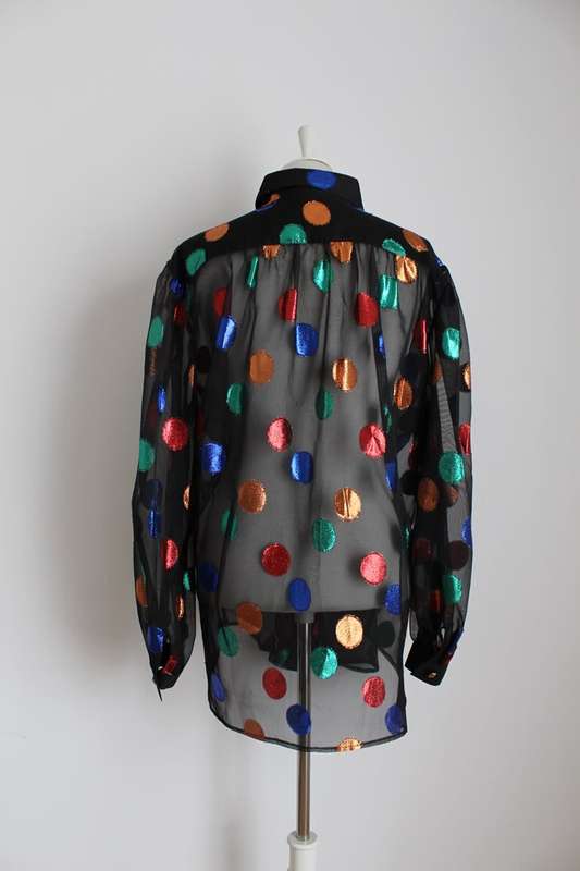 VINTAGE SHEER SPOTTED BLACK LONG SLEEVE SHIRT TOP BLOUSE - SIZE 18