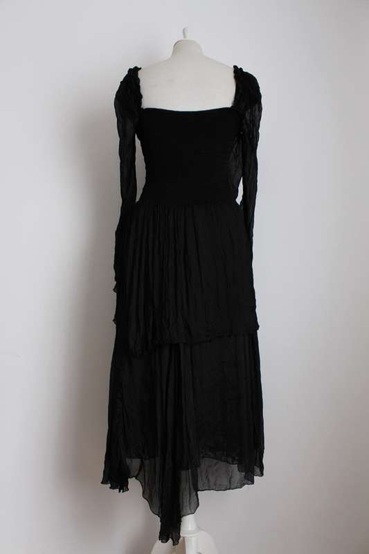 VINTAGE CHIFFON RUCHED BLACK TIERED COCKTAIL EVENING DRESS - SIZE 10