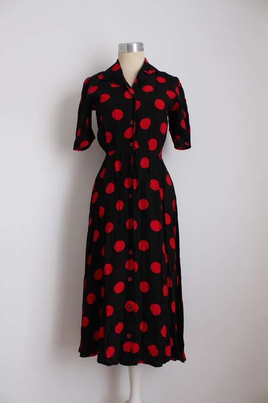 VINTAGE BLACK RED POLKA DOT PRINT BUTTON DOWN DAY DRESS - SIZE 8