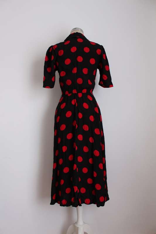 VINTAGE BLACK RED POLKA DOT PRINT BUTTON DOWN DAY DRESS - SIZE 8