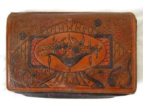 ANTIQUE VINTAGE ART NOUVEAU BROWN GENUINE LEATHER EMBOSSED CLUTCH PURSE BAG