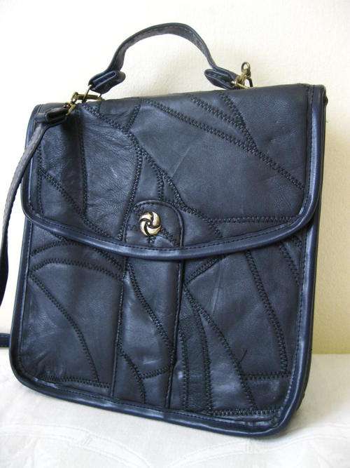 **CLEARANCE SALE** VINTAGE GENUINE LEATHER NAVY BLUE PATCHWORK SATCHEL-STYLE HANDBAG
