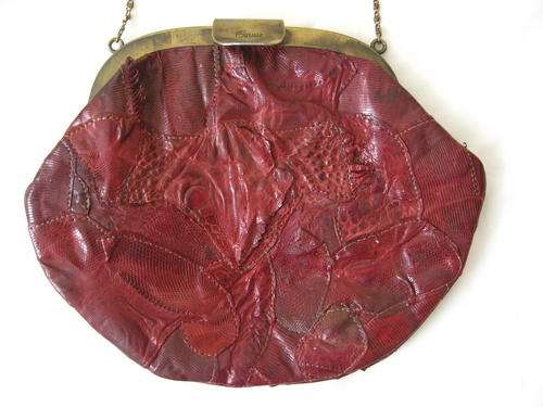 RARE VINTAGE **GENUINE LIZARD SKIN** PATCH RED CHAIN BAG