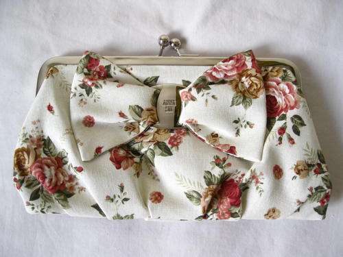 WHITE FLORAL VINTAGE STYLE CANVAS BOW CLUTCH BAG HANDBAG