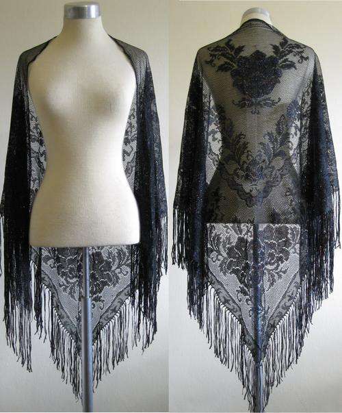 VINTAGE BLACK FLORAL BROCADE FRINGE NET SHAWL SHRUG SCARF