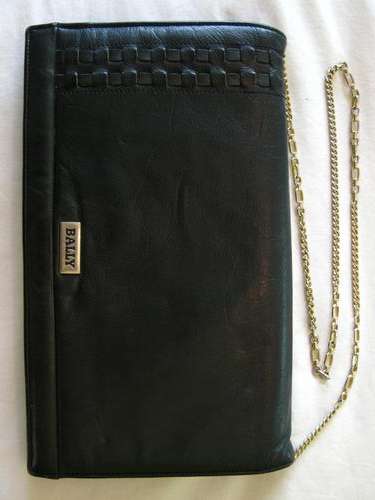 VINTAGE SWISS MADE BALLY GENUINE LEATHER BLACK CLUTCH BAG WITH CHAIN