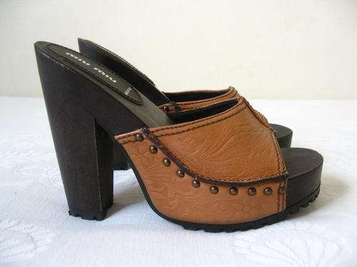 **AUTHENTIC MIU MIU** PRADA LUXURY DESIGNER LEATHER WOOD PLATFORM HIGH HEEL CLOGS SHOES - 4