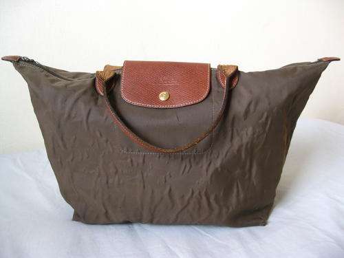 **LONGCHAMP** LE PLIAGE DESIGNER AUTHENTIC FOLDING KHAKI LEATHER TRIM SHOPPER TOTE HANDBAG