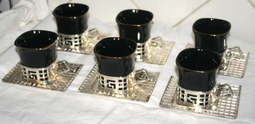 SIX BEAUTIFUL SILVER PLATED? TEA/COFFEE CUPS & SAUCERS WITH PORCELAIN INSERTS LOOKS BRAND NEW