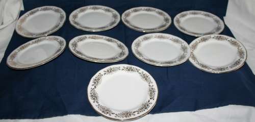 A COLLECTION OF 9 QUEEN ANN BONE CHINA SIDE PLATES  MADE IN ENGLAND WITH FANTASTIC GOLD COLOR DESIGN