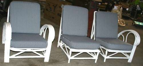 THREE GORGEOUS WHITE CANE CHAIRS NEWLY UPHOLSTERED WITH A BEAUTIFUL BLUE AND WHITE STRIPE