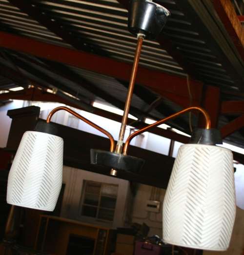 A FANTASTIC COPPER & METAL 2 TIER CEILING LIGHT WITH TWO CRISP WHITE GLASS SHADES STUNNING!!!