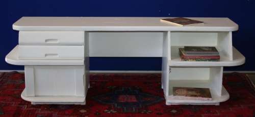 STUNNING CRISP WHITE PAINTED PLASMA UNIT OR DRESSING TABLE WITH TWO DRAWES - CUPBOARD AND SHELVING