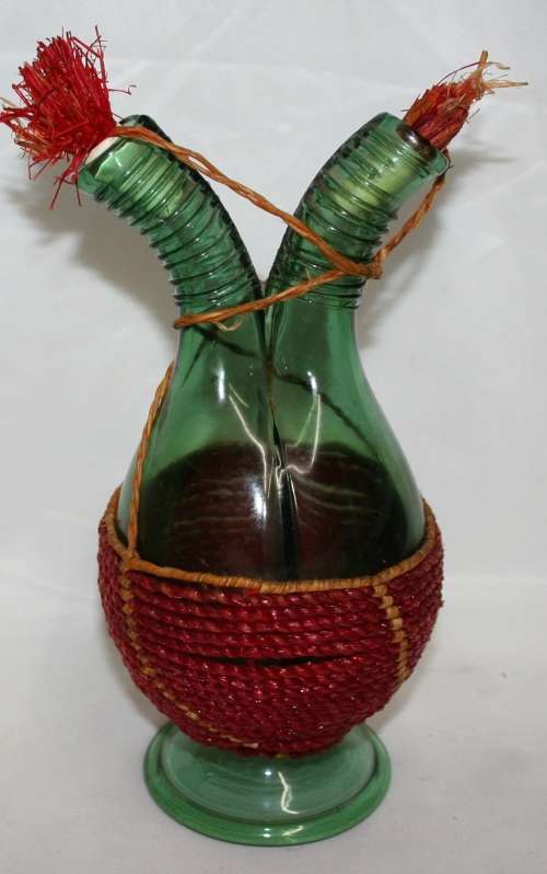 WOW A AMAZING VINTAGE/ANTIQUE GREEN GLASS BOTTLE WITH TWO SPROUTS BEAUTIFULLY DECORATED