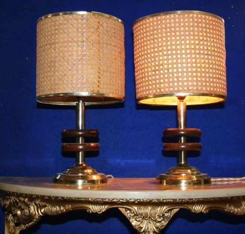 TWO FABULOUS BRASS METAL AND WOOD WITH STUNNING RATERN SHADES ISLAND STYLE!!!