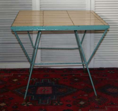 A STUNNING SQUARE VINTAGE TABLE WITH A TILED TOP AND STEEL FRAME - PATIO PERFECT!!!