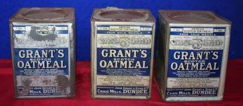 WOW WHAT A RARE FIND THREE GRANTS SCOTCH OATMEAL TINS IN THERE ORIGINAL PATINA STUNNING!!!