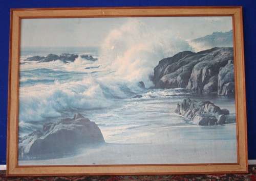 A MAGNIFICENT LARGE VINTAGE PRINT IN A WOODEN FRAME WITH A BEAUTIFUL OCEAN SCENE!!!
