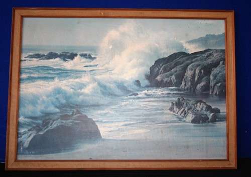 A MAGNIFICENT LARGE VINTAGE PRINT IN A WOODEN FRAME WITH A BEAUTIFUL OCEAN SCENE!!!