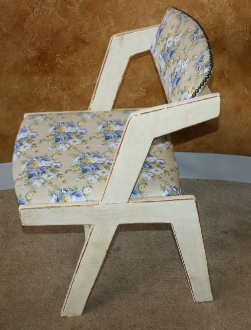 A GORGEOUS DIFFERENT SHAPED SHABBY CHIC WOODEN CHAIR STUNNING FABRIC!!!