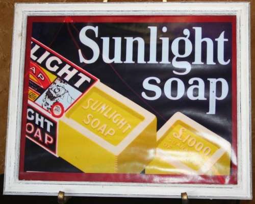 A MARVELOUS VINTAGE STYLE PRINT SUNLIGHT SOAP BEHIND GLASS IN A STUNNING WOODEN SHABBY CHIC FRAME