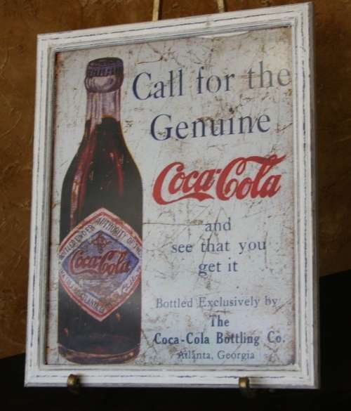 A STUNNING STYLE VINTAGE COCA COLA PRINT BEHIND GLASS IN A STUNNING WOODEN SHABBY CHIC FRAME