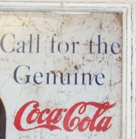 A STUNNING STYLE VINTAGE COCA COLA PRINT BEHIND GLASS IN A STUNNING WOODEN SHABBY CHIC FRAME