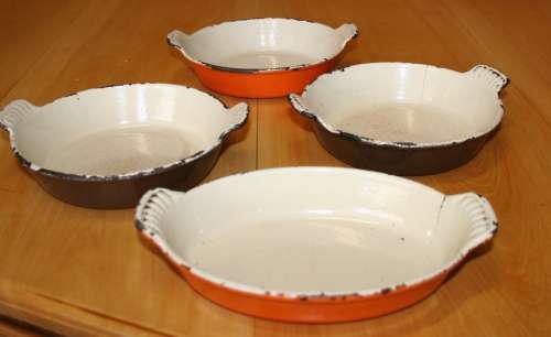 FOUR FANTASTIC HEAVY VINTAGE ENAMEL OVEN DISHES!!