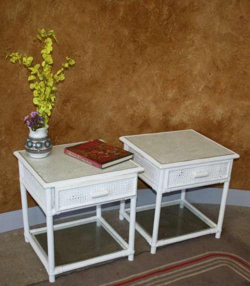 TWO STUNNING CRISP WHITE CANE BEDSIDE CABINETS WITH GLASS TOPS AND GLASS SHELF AT THE BOTTOM!!!