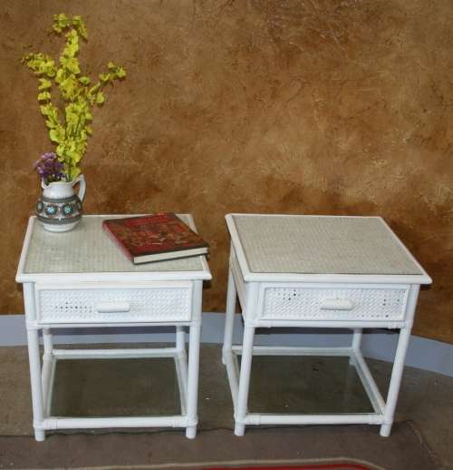 TWO STUNNING CRISP WHITE CANE BEDSIDE CABINETS WITH GLASS TOPS AND GLASS SHELF AT THE BOTTOM!!!