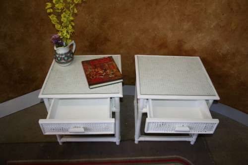 TWO STUNNING CRISP WHITE CANE BEDSIDE CABINETS WITH GLASS TOPS AND GLASS SHELF AT THE BOTTOM!!!