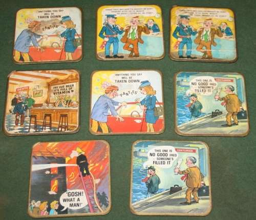 8 VINTAGE FUNNY CHARACTER COASTERS - SOME ARE BIT WORN - BUT SO FUNNY - 1 BID TO TAKE THEM ALL