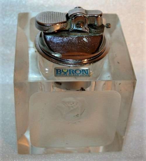 Vintage rare Byron Hirota Glass Table Lighter - Rose Square Shape - working