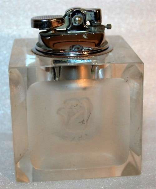 Vintage rare Byron Hirota Glass Table Lighter - Rose Square Shape - working