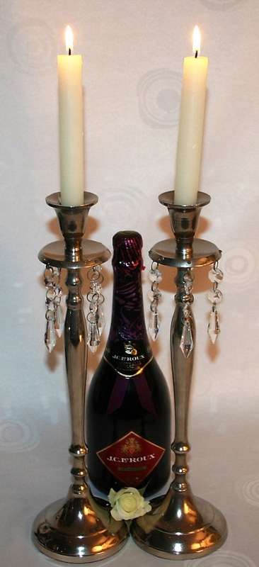 Two Spectacular Silver Metal Tall Candle Holders with stunning "crystal like" deco