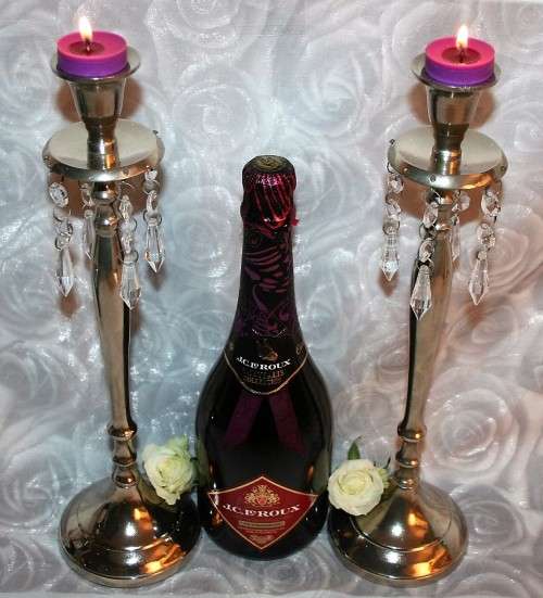 Two Spectacular Silver Metal Tall Candle Holders with stunning "crystal like" deco