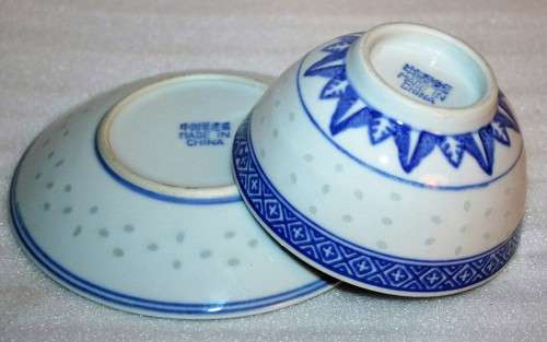 A superb pair of Chinese hand painted blue & white porcelain rice grain pattern plate & Bowl.