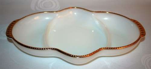 A Marvelous Vintage White Milk Glass Divided Tray Relish/Serving Dish with a Gold Trim Fire King
