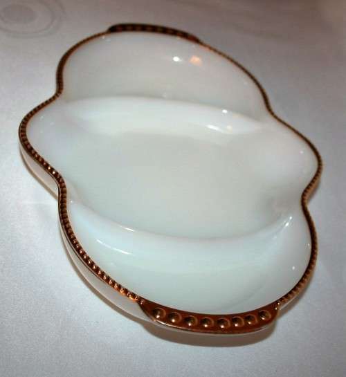 A Marvelous Vintage White Milk Glass Divided Tray Relish/Serving Dish with a Gold Trim Fire King